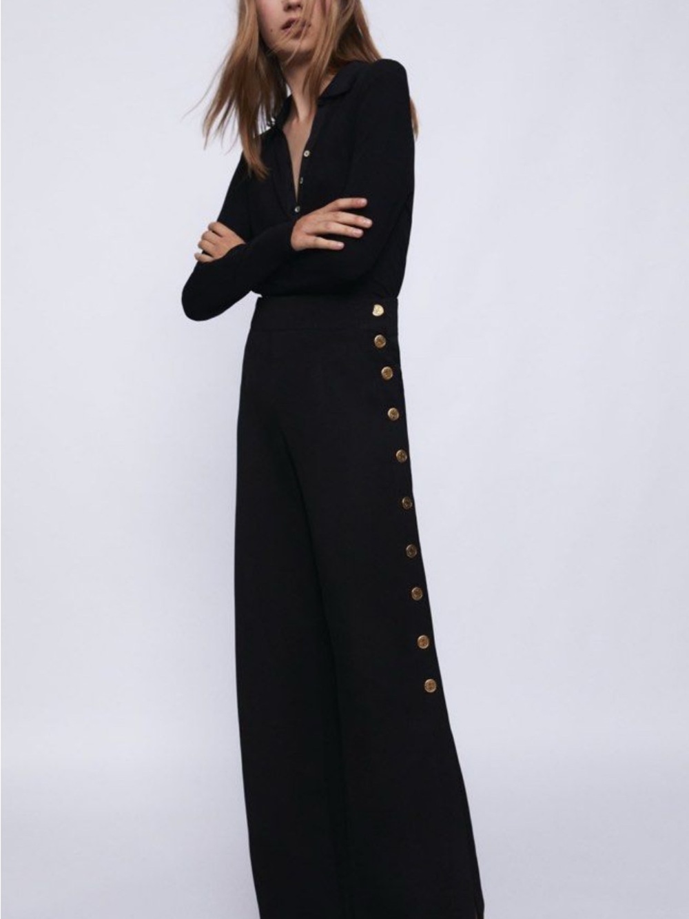 Zara Black High-Waist Wide Leg Pants with Gold Side Buttons